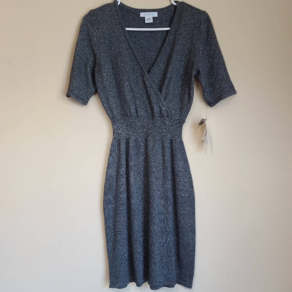 NWT Liz Claiborne Gray Sparkle Metallic Fitted Short Dress